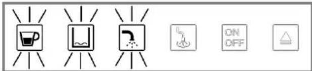 Diagram showing five different warning symbols: a cup, water drop, spray bottle, ON/OFF, and a triangle symbol.