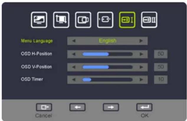 Menu Language English OSD H-Position 50 OSD V-Position 50 OSD Timer 10 Cancel OK