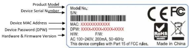 Product Model Device Serial Number Device MAC Address Device Password (DPW) Hardware & Firmware Version Model No. S/N: MAC: XXXXXXXXXX DPW: XXXX-XXX-XXX-XXX H/W: F/W: AC 100-240V, 200mA, 50-60Hz This device complies with Part 15 of FCC rules. Made in China