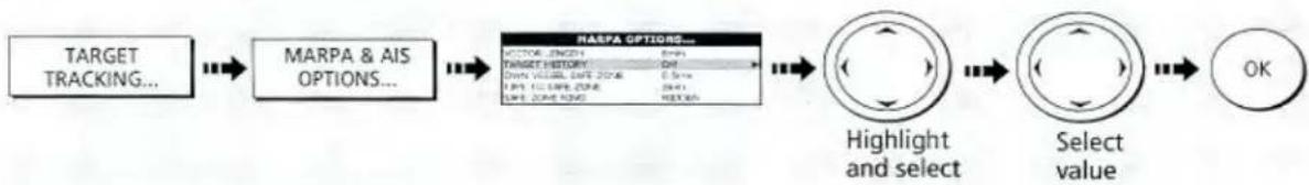 graph LR A["TARGET TRACKING..."] --> B["MARPA & AIS OPTIONS..."] B --> C["PARPA OPTIONS..."] C --> D["Highlight and select"] D --> E["Select value"] E --> F["OK"]