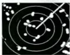 Abstract black-and-white pattern with concentric circles and scattered white dots (no text or symbols)