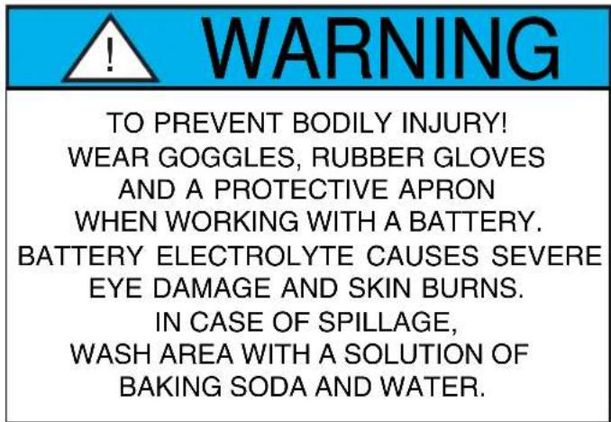 WARNING TO PREVENT BODILY INJURY! WEAR GOGGLES, RUBBER GLOVES AND A PROTECTIVE APRON WHEN WORKING WITH A BATTERY. BATTERY ELECTROLYTE CAUSES SEVERE EYE DAMAGE AND SKIN BURNS. IN CASE OF SPILLAGE, WASH AREA WITH A SOLUTION OF BAKING SODA AND WATER.