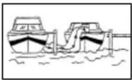 Simple line drawing of two boats docked at a pier with a pipe, no text or symbols present