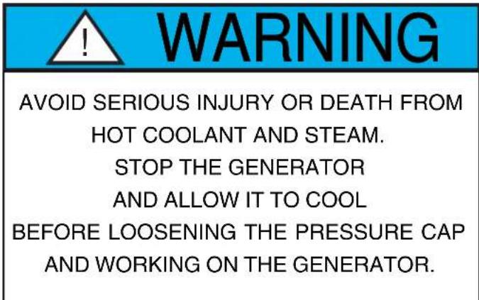 WARNING AVOID SERIOUS INJURY OR DEATH FROM HOT COOLANT AND STEAM. STOP THE GENERATOR AND ALLOW IT TO COOL BEFORE LOOSENING THE PRESSURE CAP AND WORKING ON THE GENERATOR.