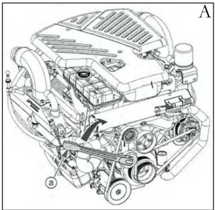 Technical line drawing of a car engine showing internal components and structural parts (no text or labels)