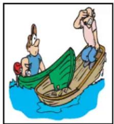 Cartoon illustration of two people in a green boat on blue water, no text or symbols present