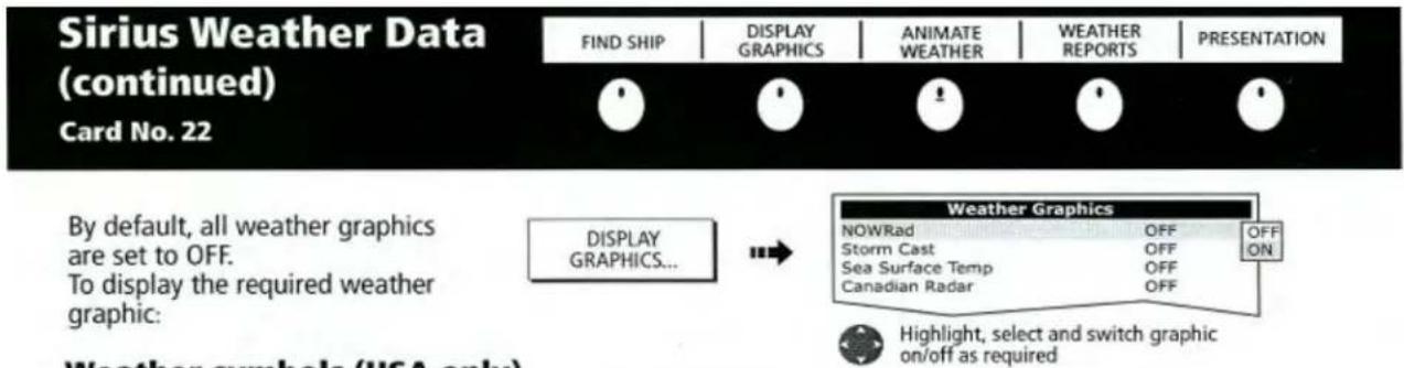 Sirius Weather Data (continued) Card No. 22 FIND SHIP DISPLAY GRAPHICS ANIMATE WEATHER WEATHER REPORTS PRESENTATION By default, all weather graphics are set to OFF. To display the required weather graphic: DISPLAY GRAPHICS... Weather Graphics NOWRad OFF OFF Storm Cast OFF ON Sea Surface Temp OFF Can…