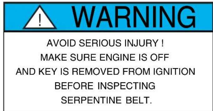 WARNING AVOID SERIOUS INJURY ! MAKE SURE ENGINE IS OFF AND KEY IS REMOVED FROM IGNITION BEFORE INSPECTING SERPENTINE BELT.