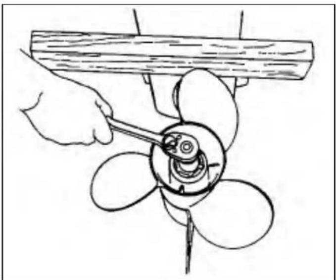 Line drawing of a hand using a tool to adjust the propeller blade (no text or symbols present)