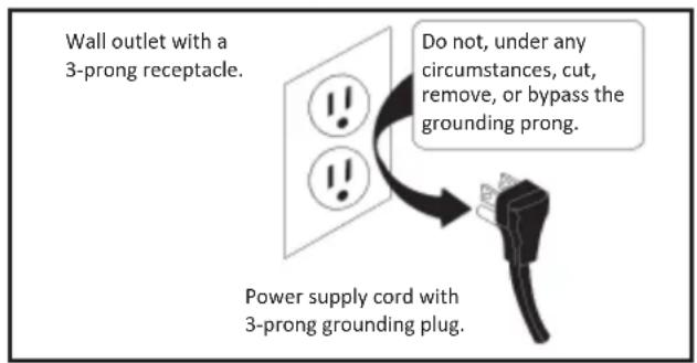 Wall outlet with a 3-prong receptacle. Do not, under any circumstances, cut, remove, or bypass the grounding prong. Power supply cord with 3-prong grounding plug.