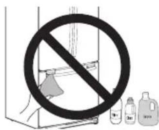 Diagram showing a prohibition symbol over a container with plastic bottles nearby