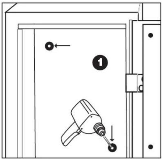 Diagram showing a door with a tool inserted into a socket, labeled with number 1 and directional arrows.