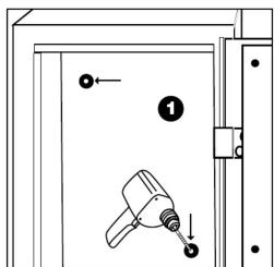 Diagram of a door with labeled parts and directional arrows, including a tool and numbered marker ①