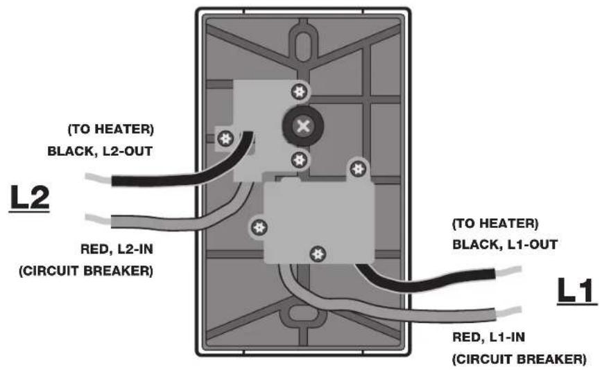 (TO HEATER) BLACK, L2-OUT L2 RED, L2-IN (CIRCUIT BREAKER) (TO HEATER) BLACK, L1-OUT L1 RED, L1-IN (CIRCUIT BREAKER)