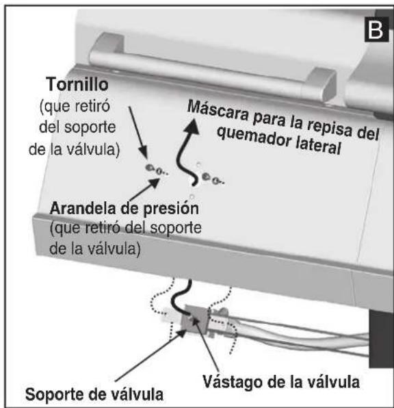 Tornillo (que retiró del soporte de la válvula) Máscara para la repisa del quemador lateral Arandela de presión (que retiró del soporte de la válvula) Soporte de válvula Vástago de la válvula