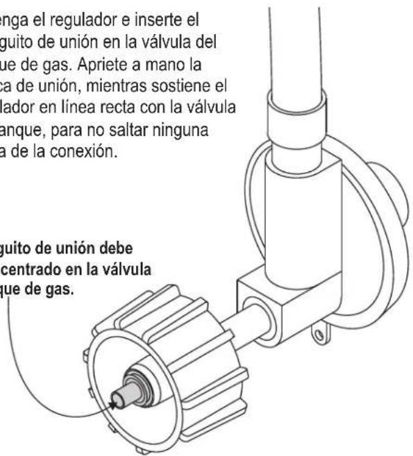 nga el regulador e inserte el guito de unión en la válvula del que de gas. Apriete a mano la a de unión, mientras sostiene el ador en línea recta con la válvula anque, para no saltar ninguna a de la conexión. guito de unión debe centrado en la válvula que de gas.