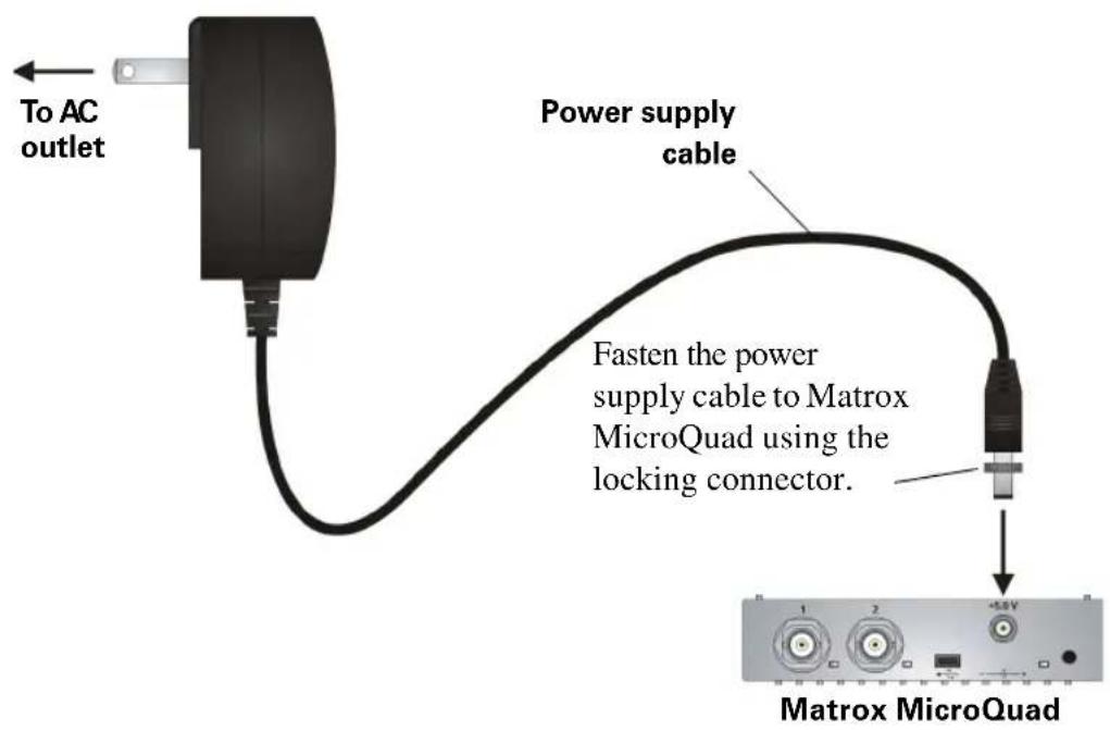 To AC outlet Power supply cable Fasten the power supply cable to Matrox MicroQuad using the locking connector. Matrox MicroQuad