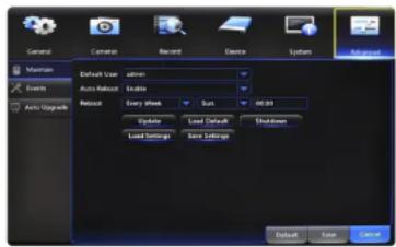 General Camera Record Device System Auto Mountain Default User admin Auto Release Update Auto Upgrades Retouch Every Work Sun 00:00 System Load Default Shutdown Load Settings Save Settings Default Case Cancel