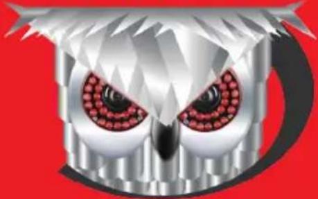 Illustration of a stylized owl face with red eyes and metallic wings against a solid red background (no text or symbols)