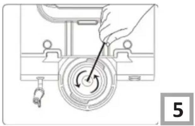 Diagram of a hand turning a circular component with rotational arrows, no text or symbols present