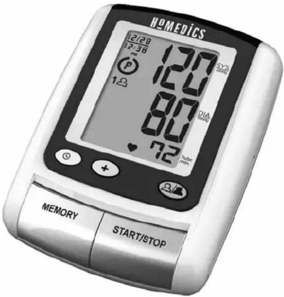 HOMEDICS 12/28 12:38 P 1Ω 120 124 80 72 SYS DIA Pulse min. MEMORY START/STOP