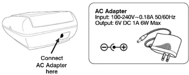 Connect AC Adapter here AC Adapter Input: 100-240V~0.18A 50/60Hz Output: 6V DC 1A 6W Max