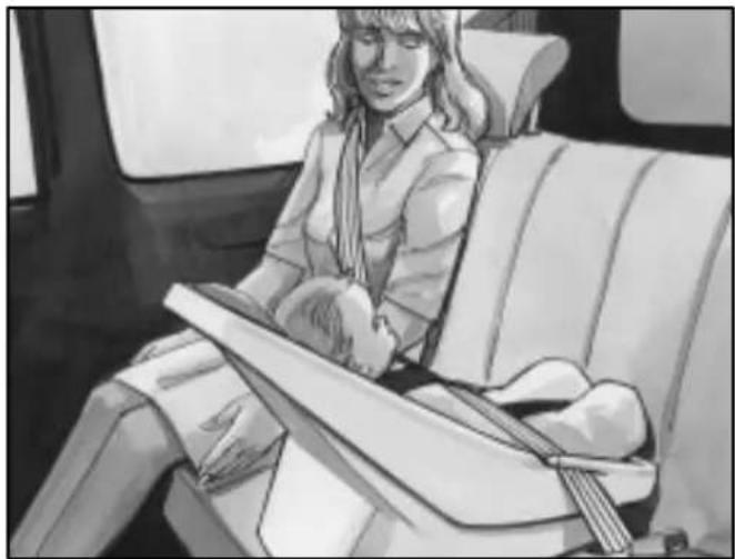 Black-and-white illustration of a person sitting in a car seat, holding a book (no text or symbols visible)