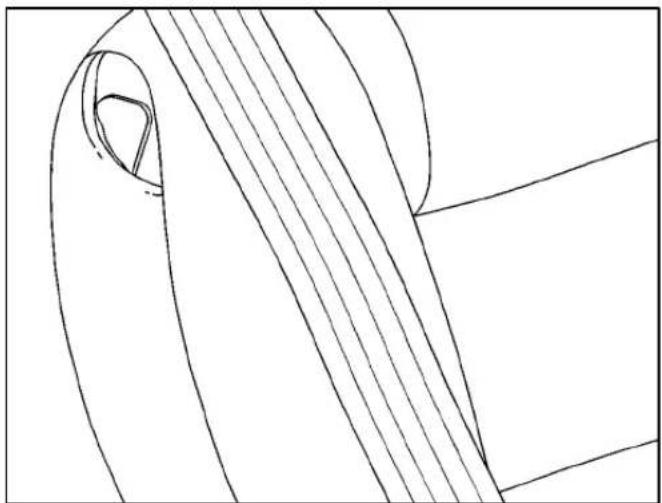 Abstract line drawing of a curved, striped pattern resembling a stylized face or abstract form (no text or symbols)