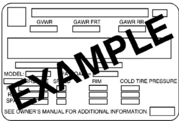 GVWR GAWR FRT GAWR RR MODEL: SPA QAL SPBQ RIM COLD TIRE PRESSURE SEE OWNER'S MANUAL FOR ADDITIONAL INFORMATION.