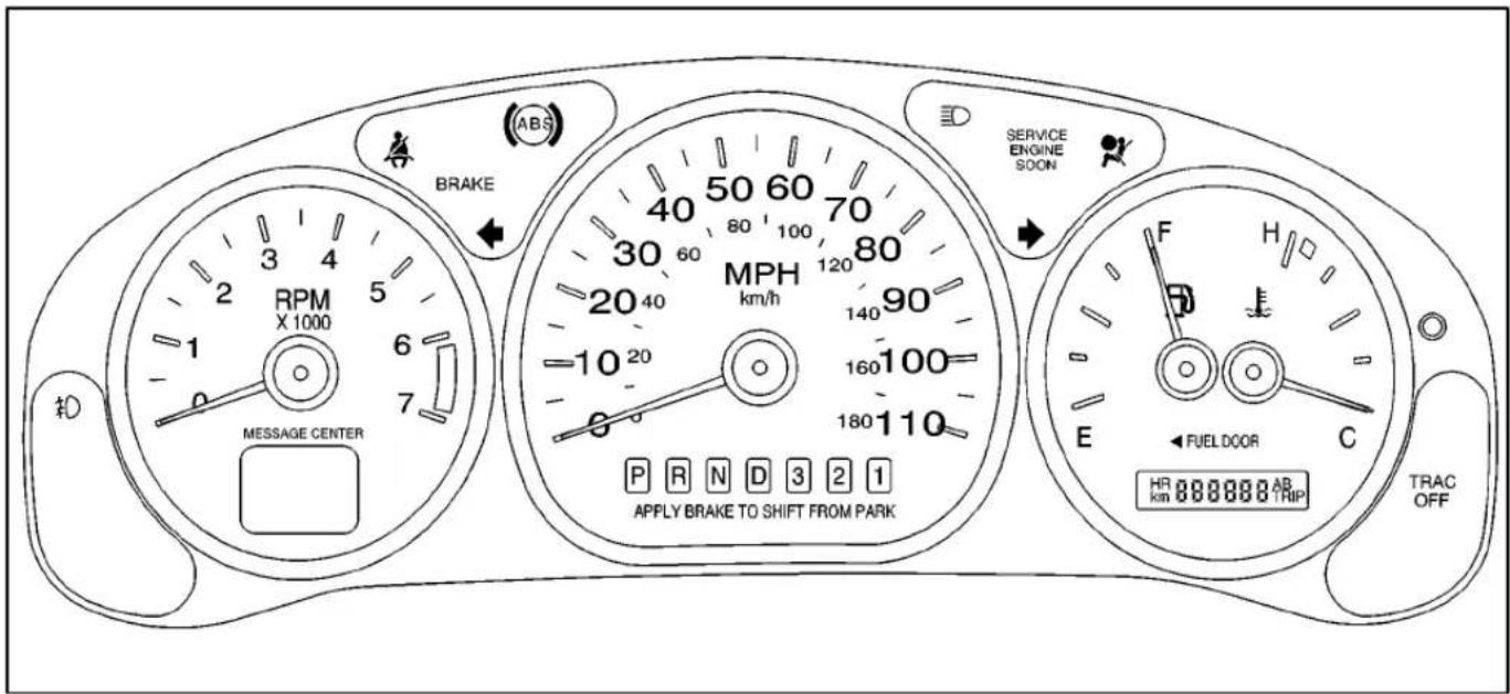 RPM X 1000 MESSAGE CENTER 6 7 1 2 3 4 5 6 7 0 ABS BRAKE 40 50 60 70 80 100 MPH km/h 120 80 20 40 90 -10 20 160 100 -8 180 110 P R N D 3 2 1 APPLY BRAKE TO SHIFT FROM PARK SERVICE ENGINE SOON F H E FUEL DOOR C HR 888888 AB km TRIP TRAC OFF