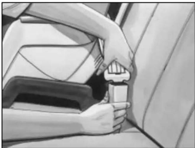 Illustration of hands adjusting a seatbelt in a car (no text or symbols visible)