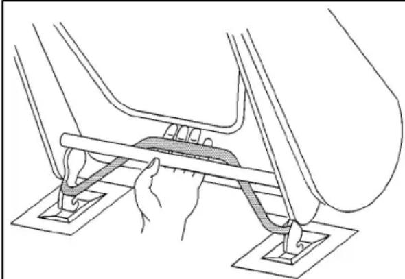 Line drawing of a hand using a cable to lift a seatbelt (no text or symbols)