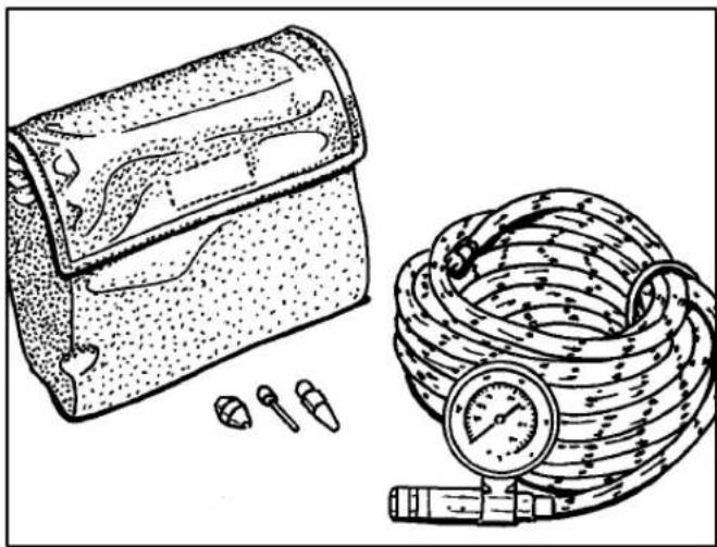 Illustration of a medical or laboratory device with a bag, coiled tubing, and a pressure gauge (no text or symbols present)