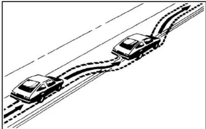 Diagram of three cars driving on a multi-lane road with dashed lane markings (no text or symbols)