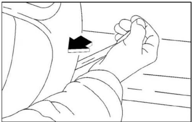 Line drawing of a person's arm and hand holding a tool, with a black arrow pointing to the finger area (no text or symbols)