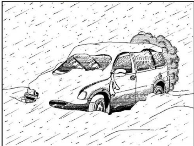 Cartoon illustration of a car partially submerged in snow, with smoke rising (no text or symbols)