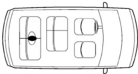 Top-down line drawing of a car interior layout with multiple compartments and a central oval (no text or symbols)