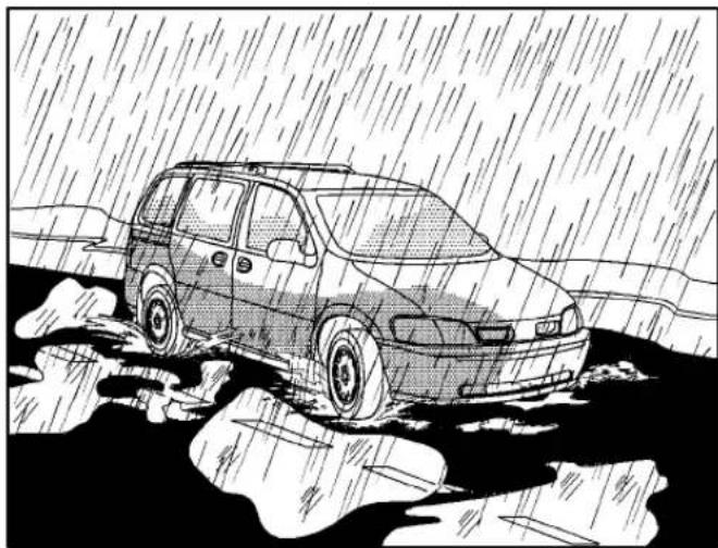 Black-and-white illustration of a car driving through heavy rain, no text or symbols present