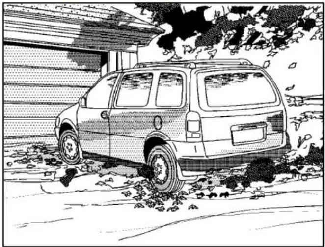 Black-and-white illustration of a parked SUV on a gravel surface near a building (no text or symbols visible)