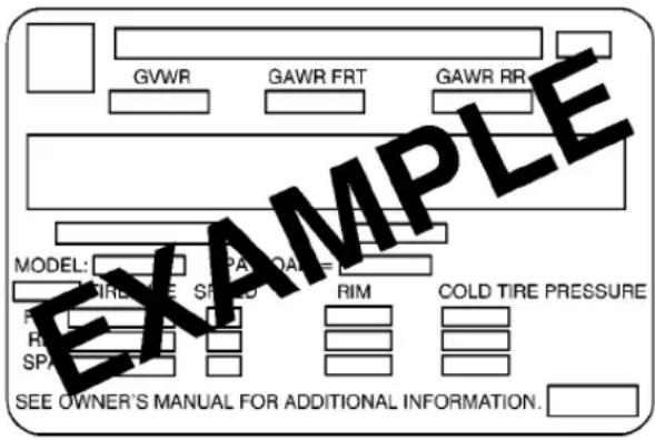GVWR GAWR FRT GAWR RR MODEL: SPA: 0.01 = 0.01 SPA: 0.01 = 0.01 SPA: 0.01 = 0.01 COLD TIRE PRESSURE SEE OWNER'S MANUAL FOR ADDITIONAL INFORMATION.