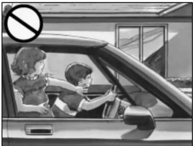 Black-and-white illustration of a car with two people, one standing and one seated, showing a stop sign (no text or symbols on the car itself)