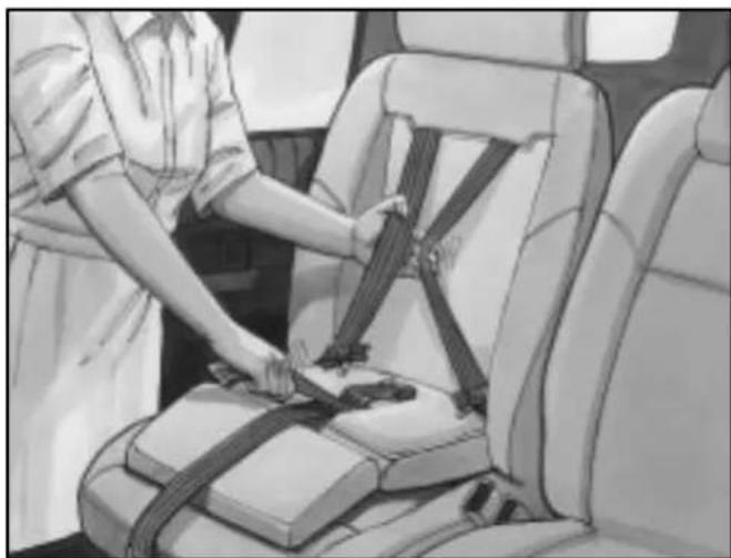 Illustration of a person adjusting a car seatbelt in a vehicle (no text or symbols visible)
