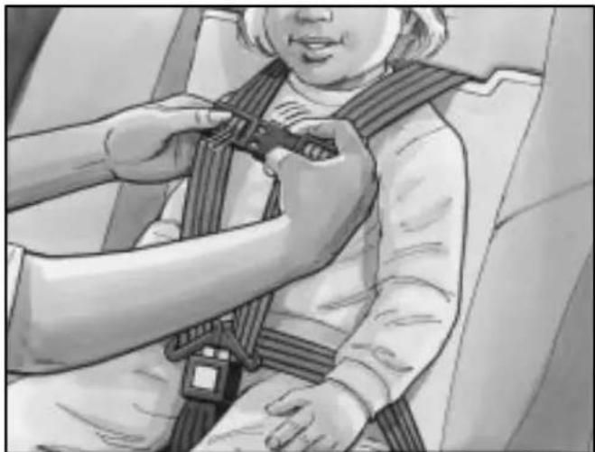 Illustration of a child wearing a car seatbelt being adjusted for a seatbelt (no text or symbols visible)