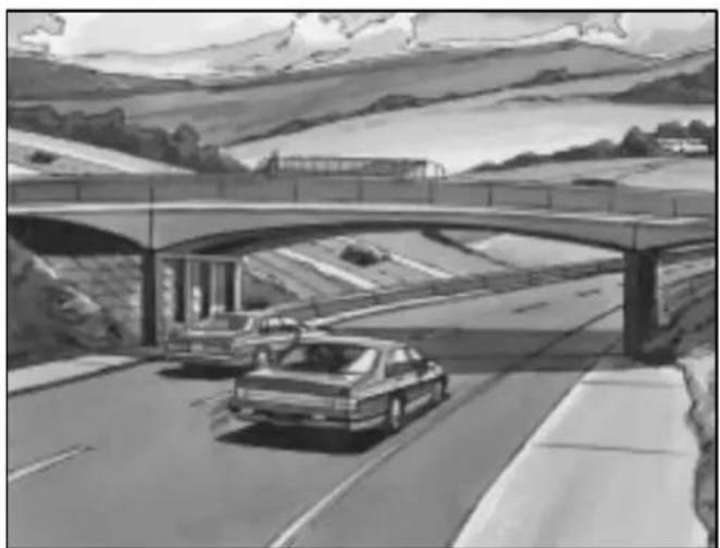 Black-and-white illustration of a highway with cars passing under an overpass, surrounded by hills and a small building (no text or symbols visible)