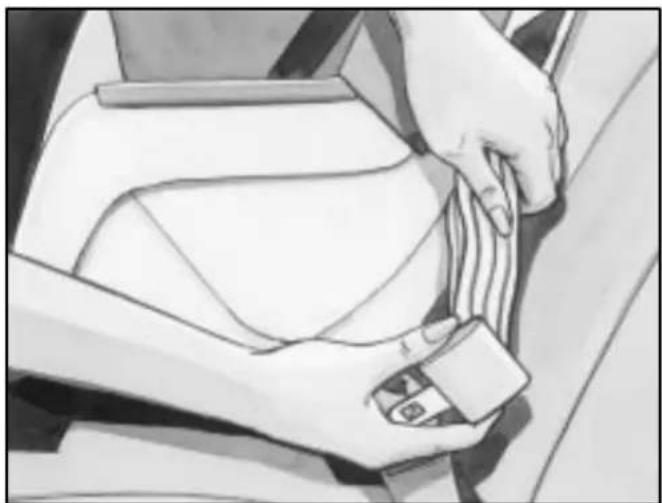 Illustration of hands adjusting a seatbelt on a car (no text or symbols visible)