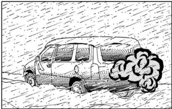 Cartoon illustration of a car partially submerged in water with a cloud of smoke rising (no text or symbols)
