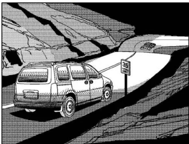 Black-and-white illustration of a car driving on a narrow road with a speed limit sign (no text or symbols on the car or road)