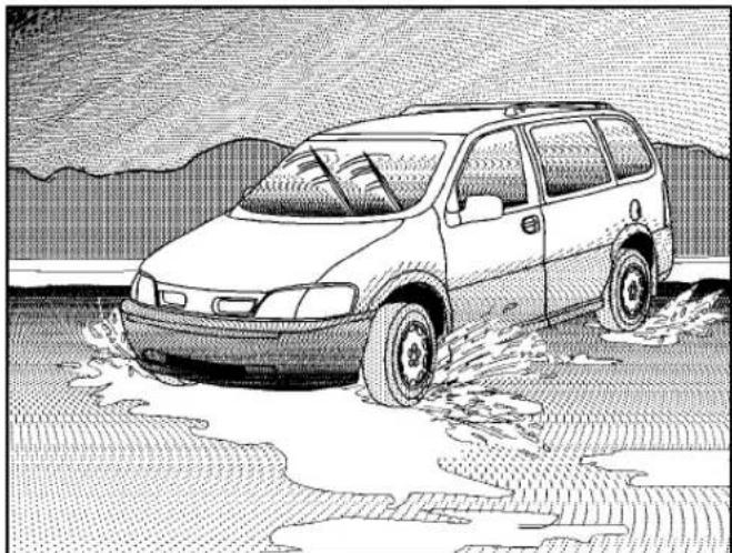 Cartoon illustration of a car driving through water, splashing around the road (no text or symbols)