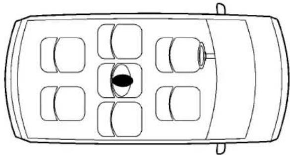 Top-down line drawing of a car with multiple windows and a central oval object (no text or symbols)