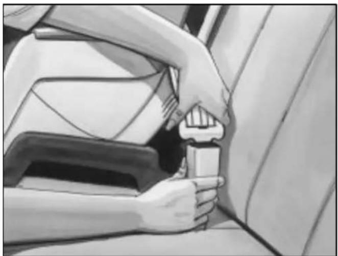 Illustration of hands adjusting a seatbelt inside a vehicle (no text or symbols visible)